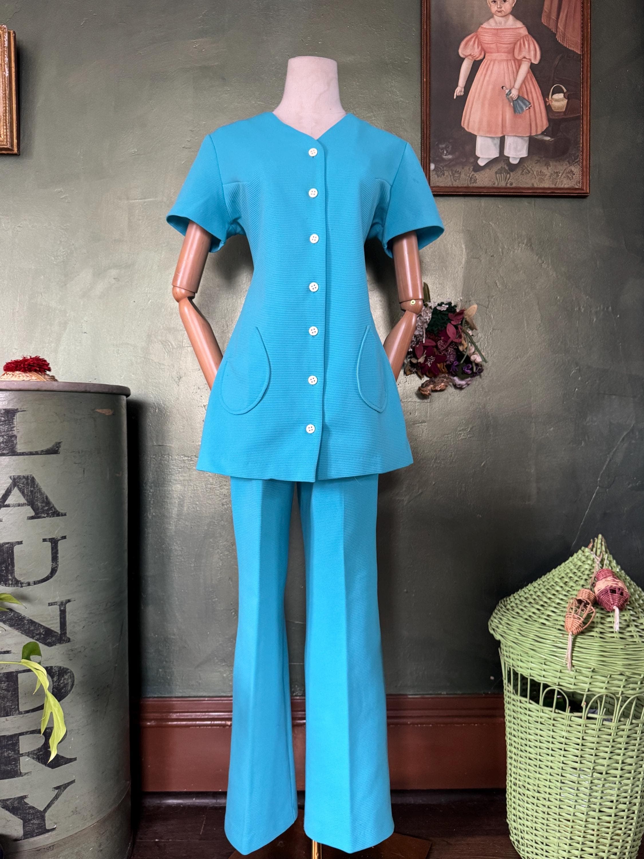 1970s  Bright Blue Textured Pantsuit