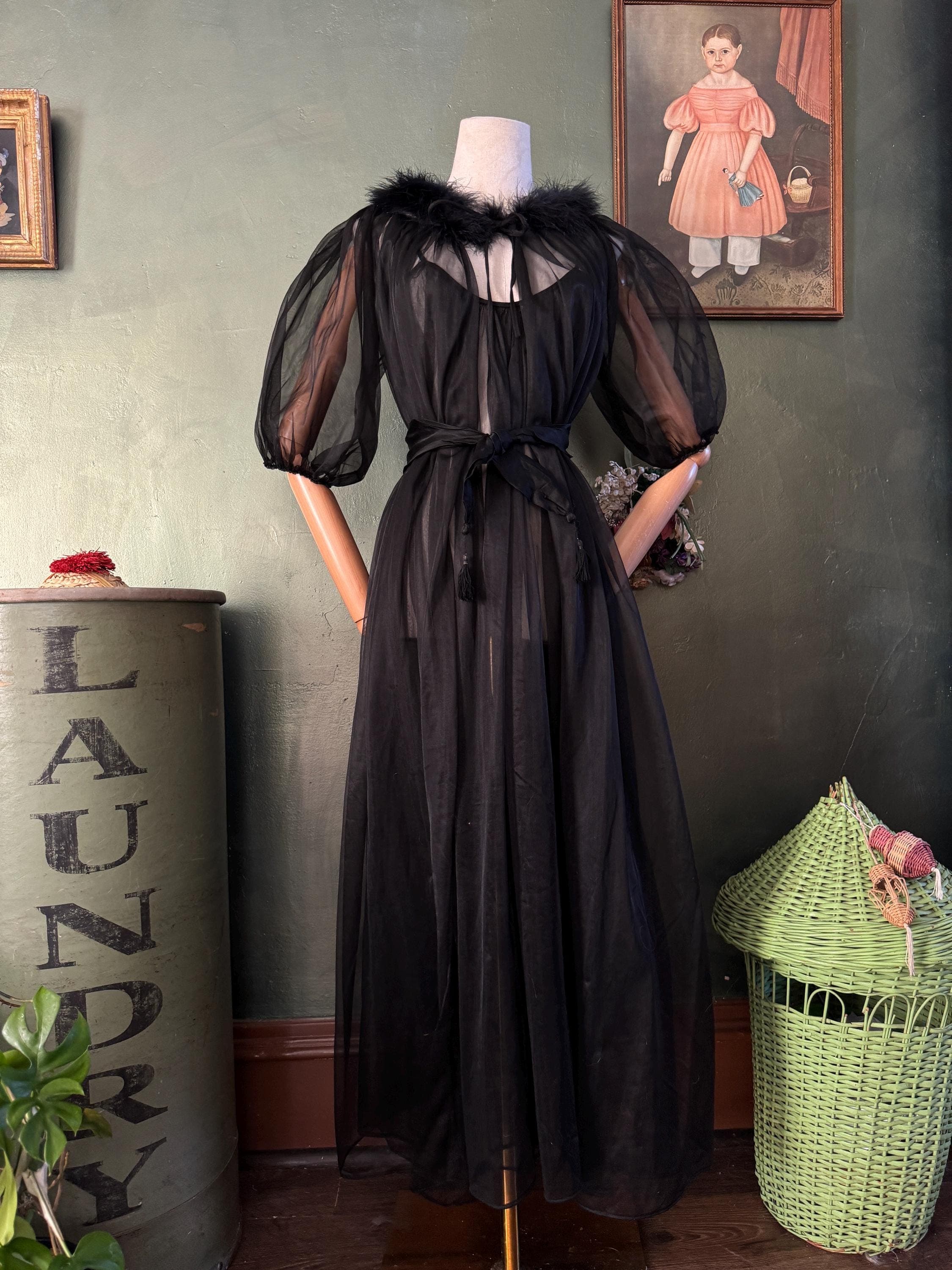 1950s  Sheer Black Fredericks of Hollywood Maribor Feather Peignoir Set