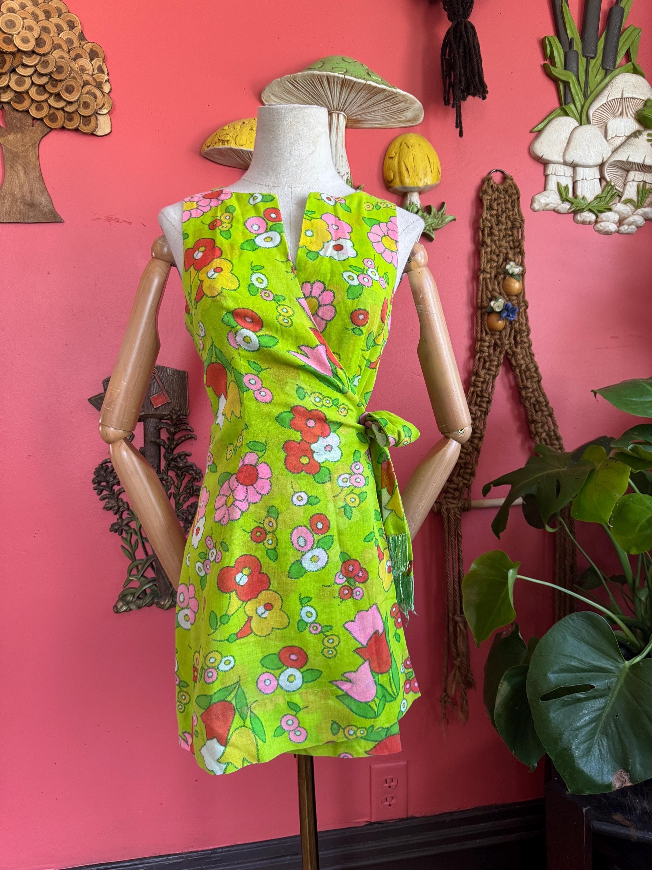 1960s early 1970s slightly sheer chartreuse floral fringe wrap dress, photo 1