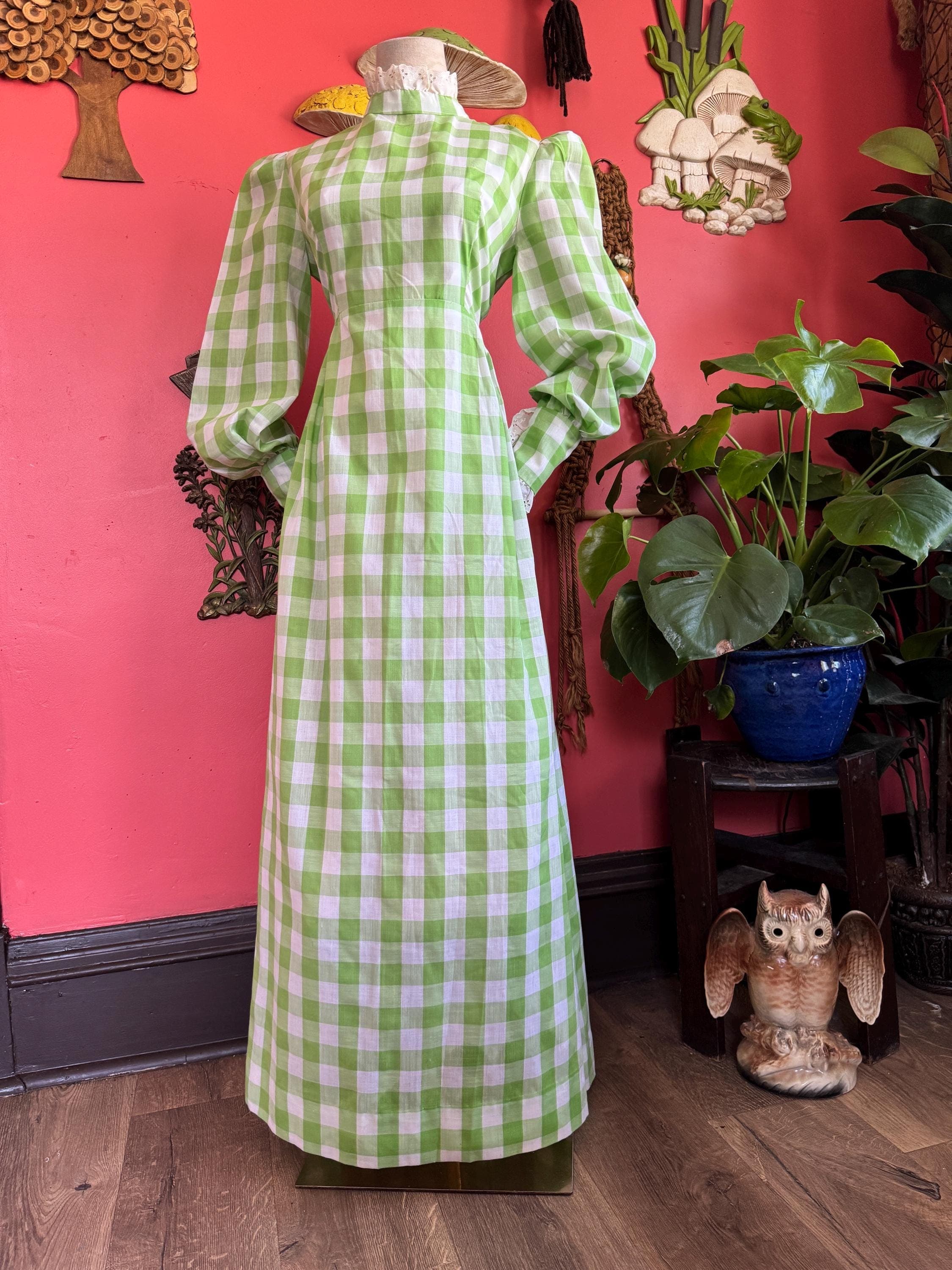 1960s green gingham long sleeve maxi dress, photo 1