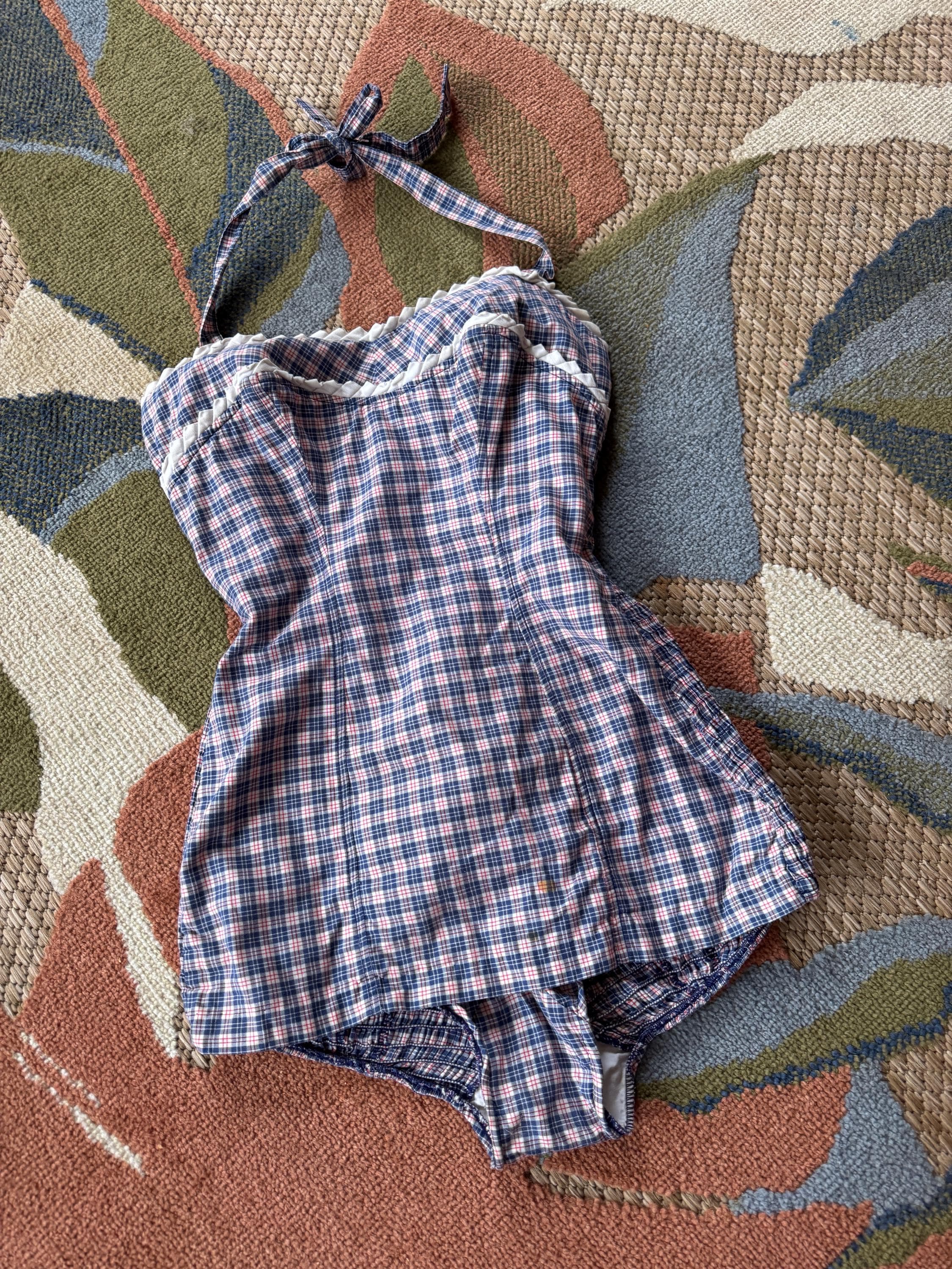 1950s Blue plaid smocked swimsuit, photo 1