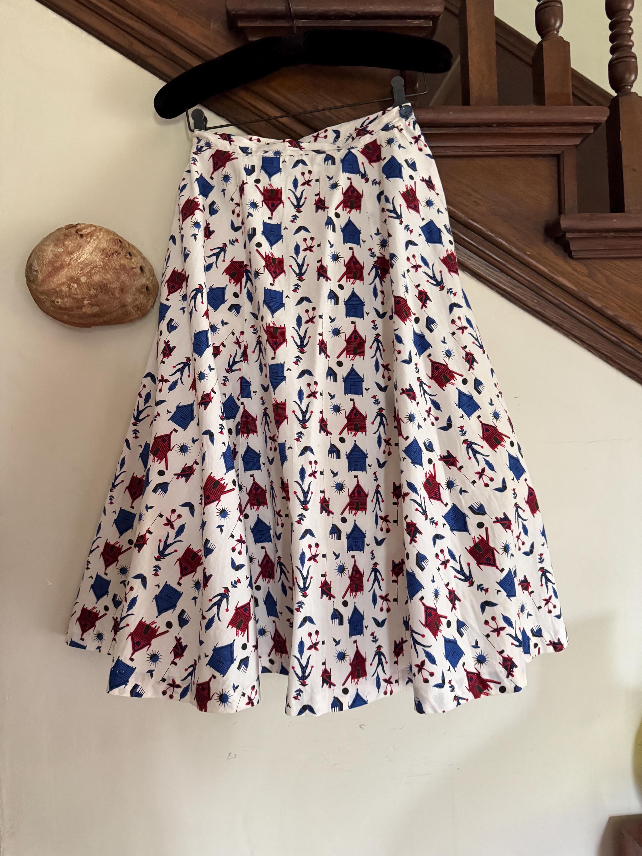 1950s  Blue and Red Harleqiun Print Gored Skirt, photo 1