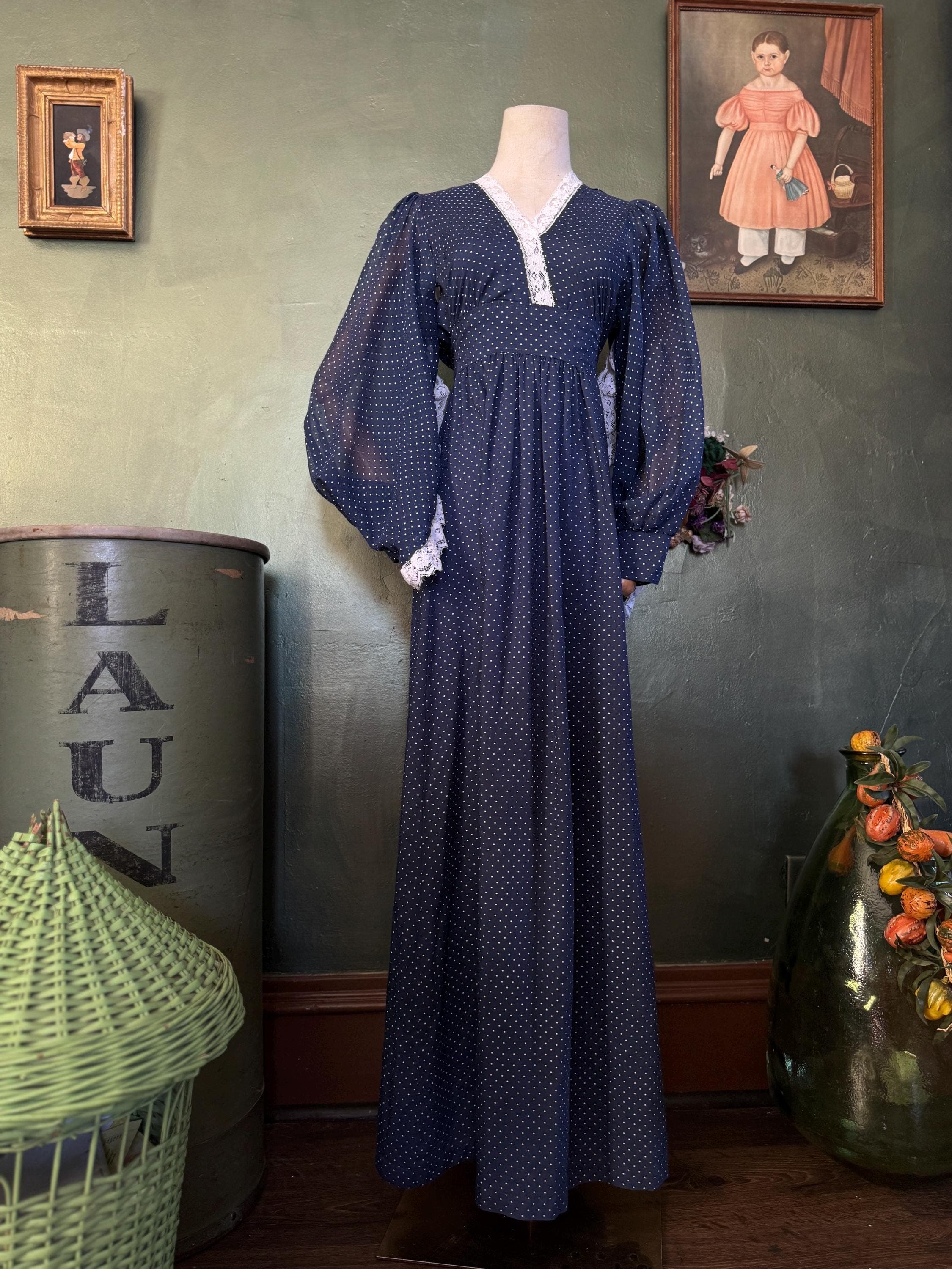 1970s  Navy Polkadot Angel Sleeve Prairie Dress, photo 1