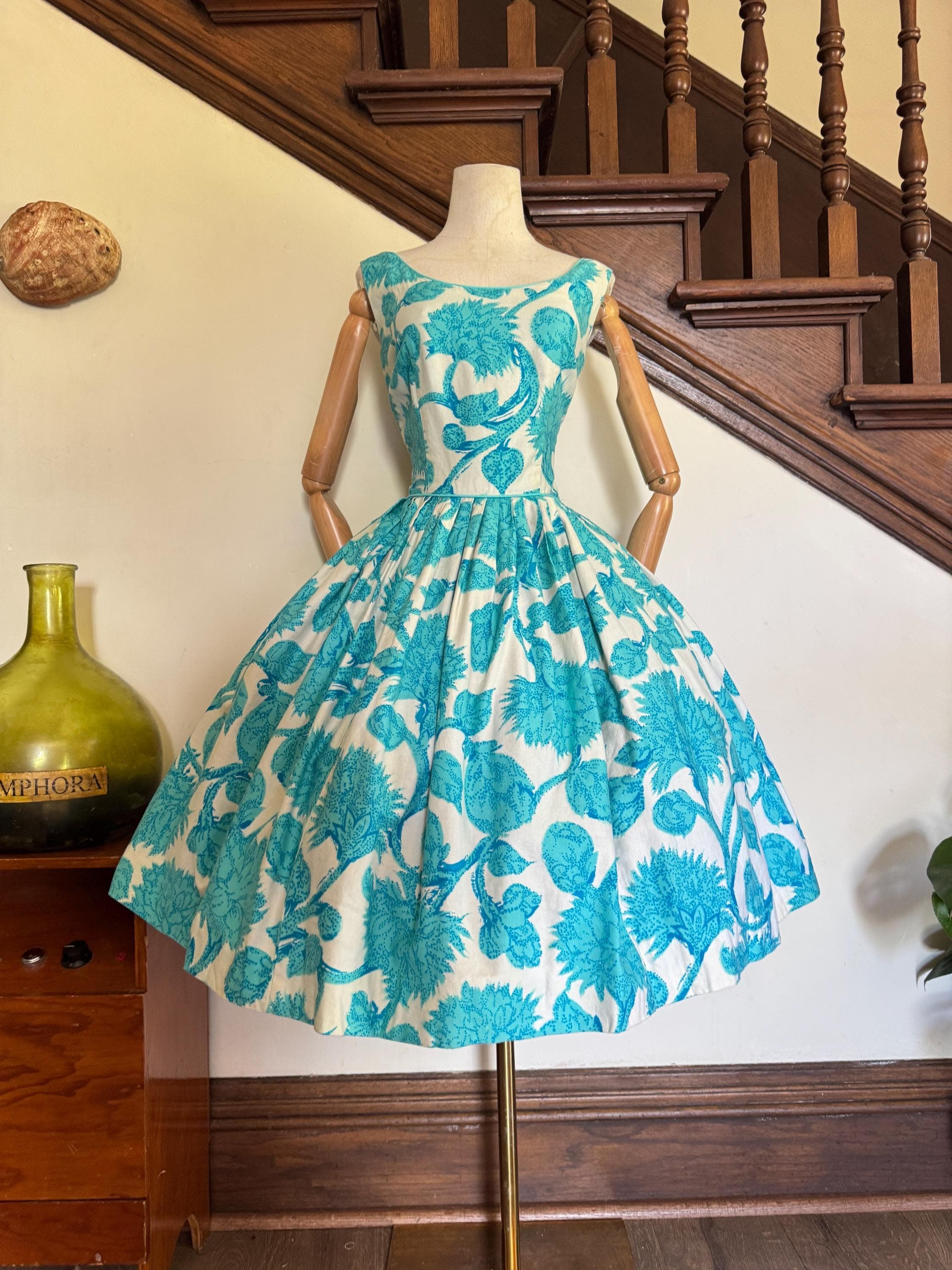 1960s blue and white printed fit & flare dress, photo 1