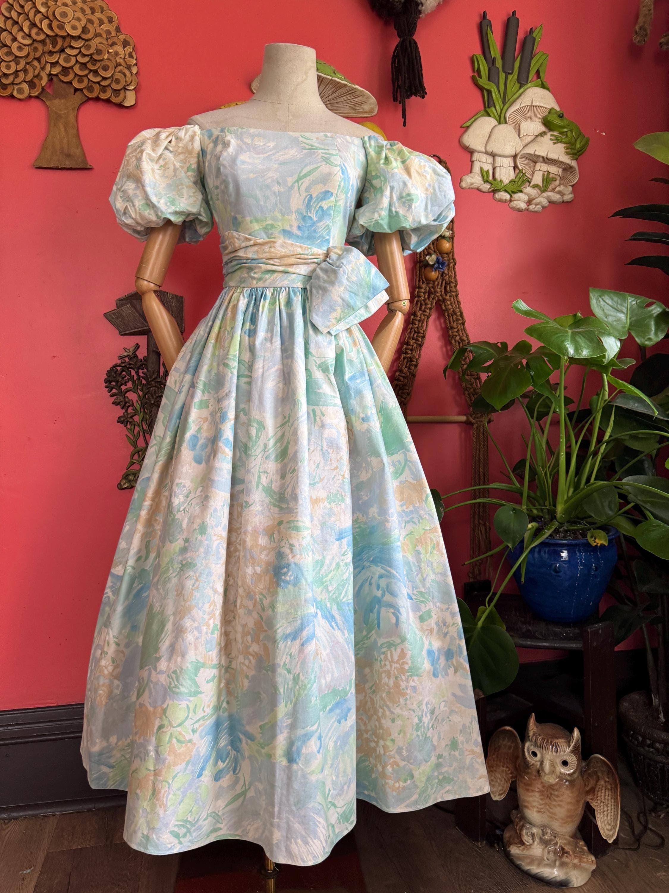 1980s Blue pastel floral off the shoulder puff sleeve dress, photo 1