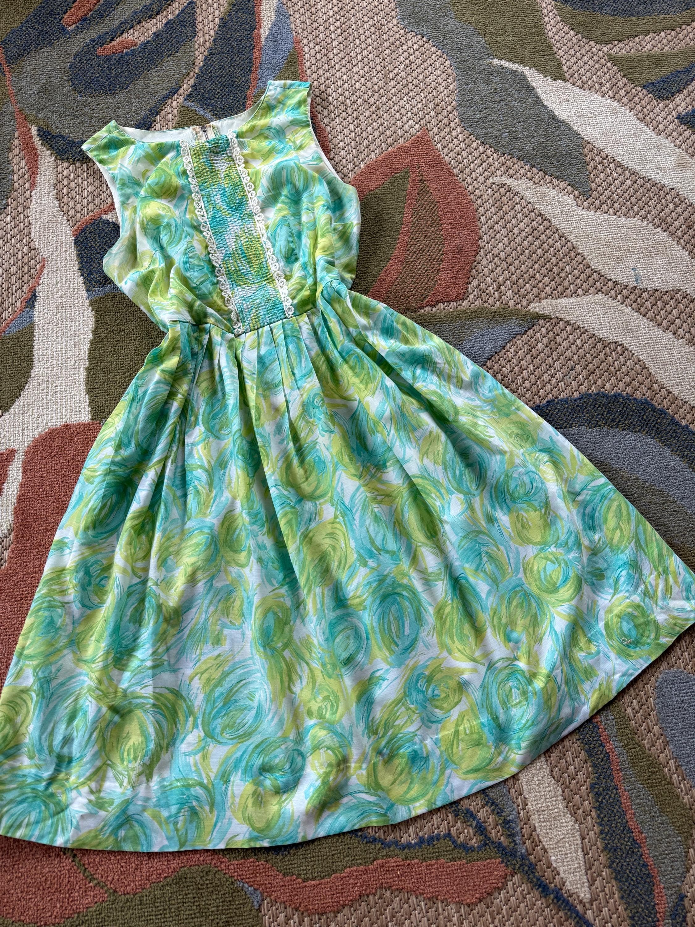 1960s Blue and green abstract floral print fit and flare dress, photo 1