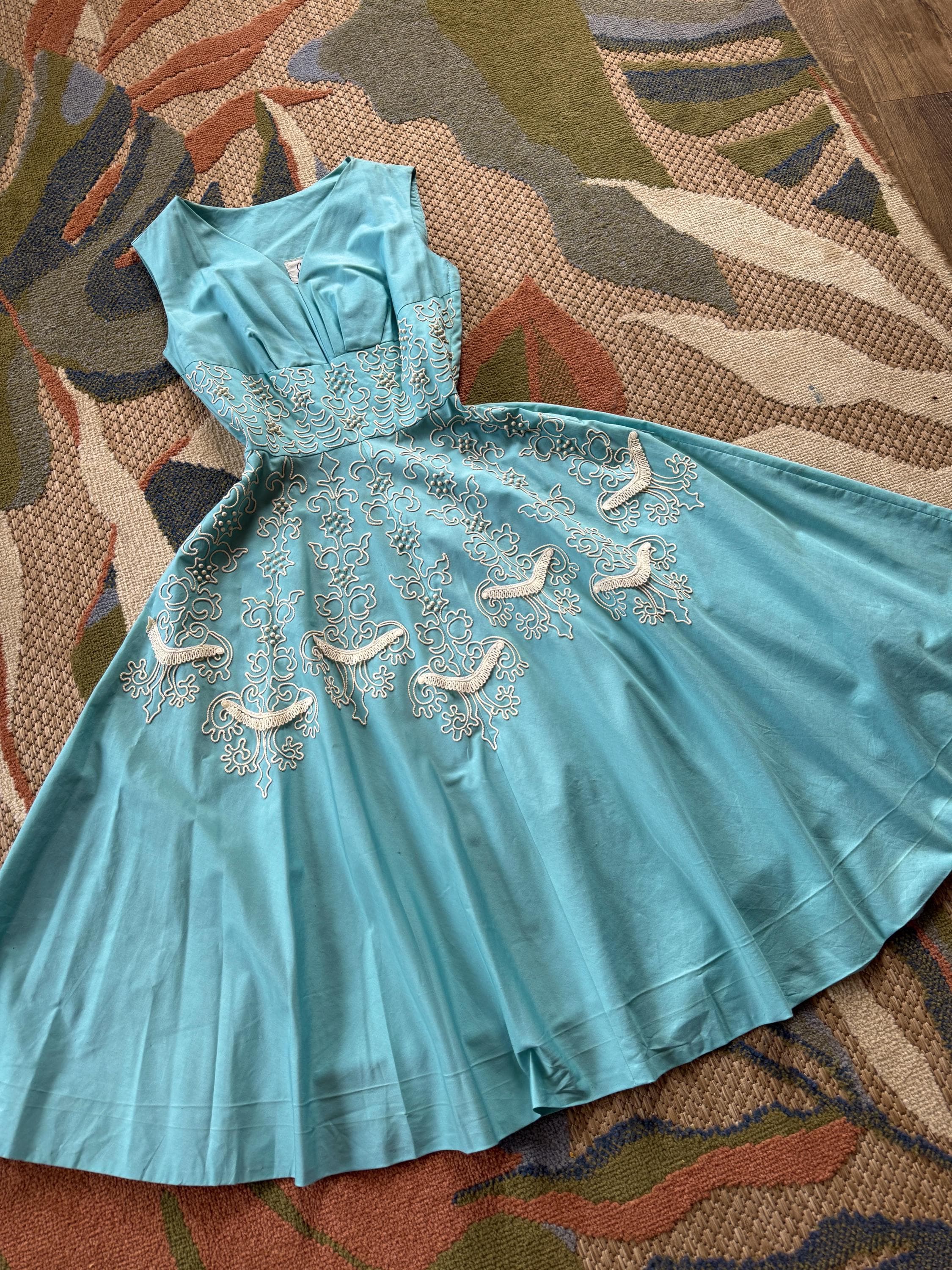 1950s Robin eggs blue soutache studded fit and flare dress, photo 1