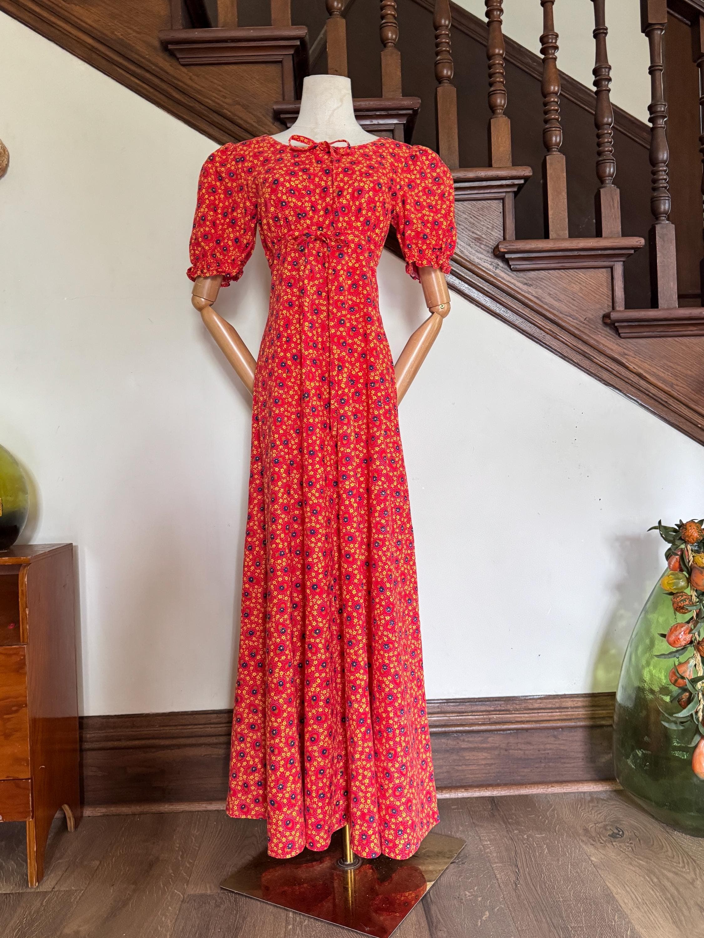 1960s red ditsy print empire waist maxi dress, photo 1