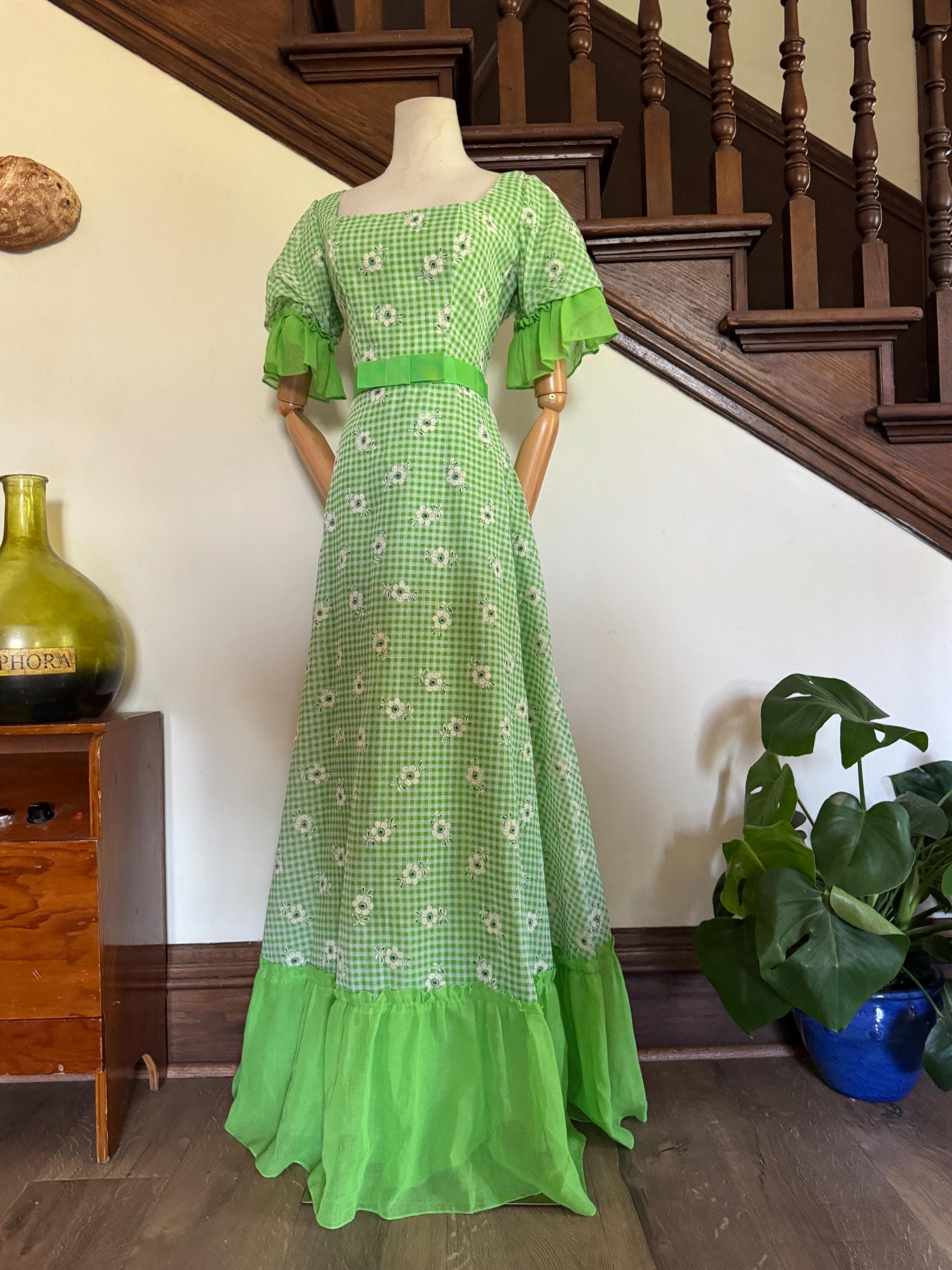 1960s Green Gingham and Flocked Daisy Print Puff Sleeve Maxi Dress, photo 1