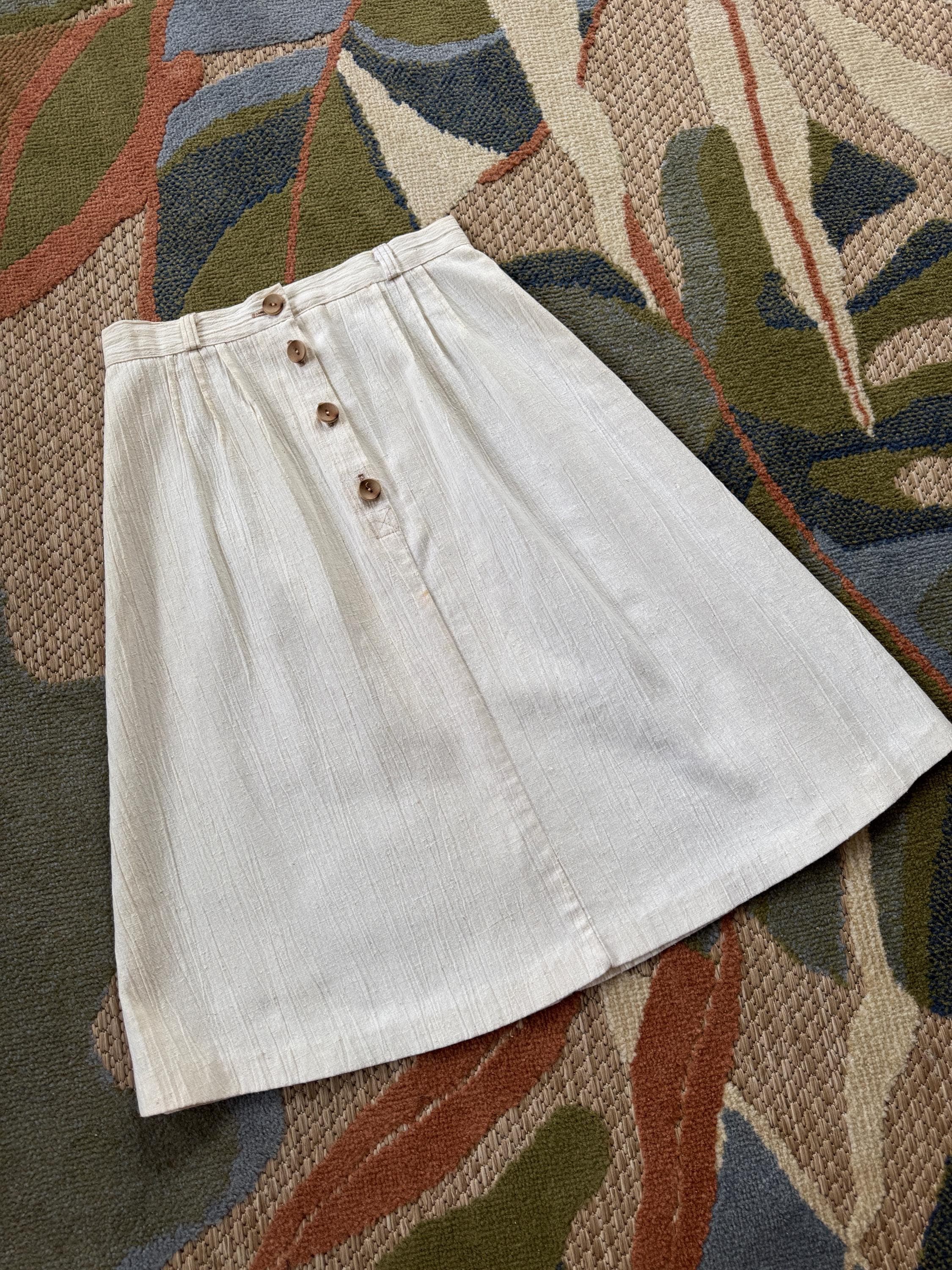 1970s cream, cotton front button a line skirt, photo 1