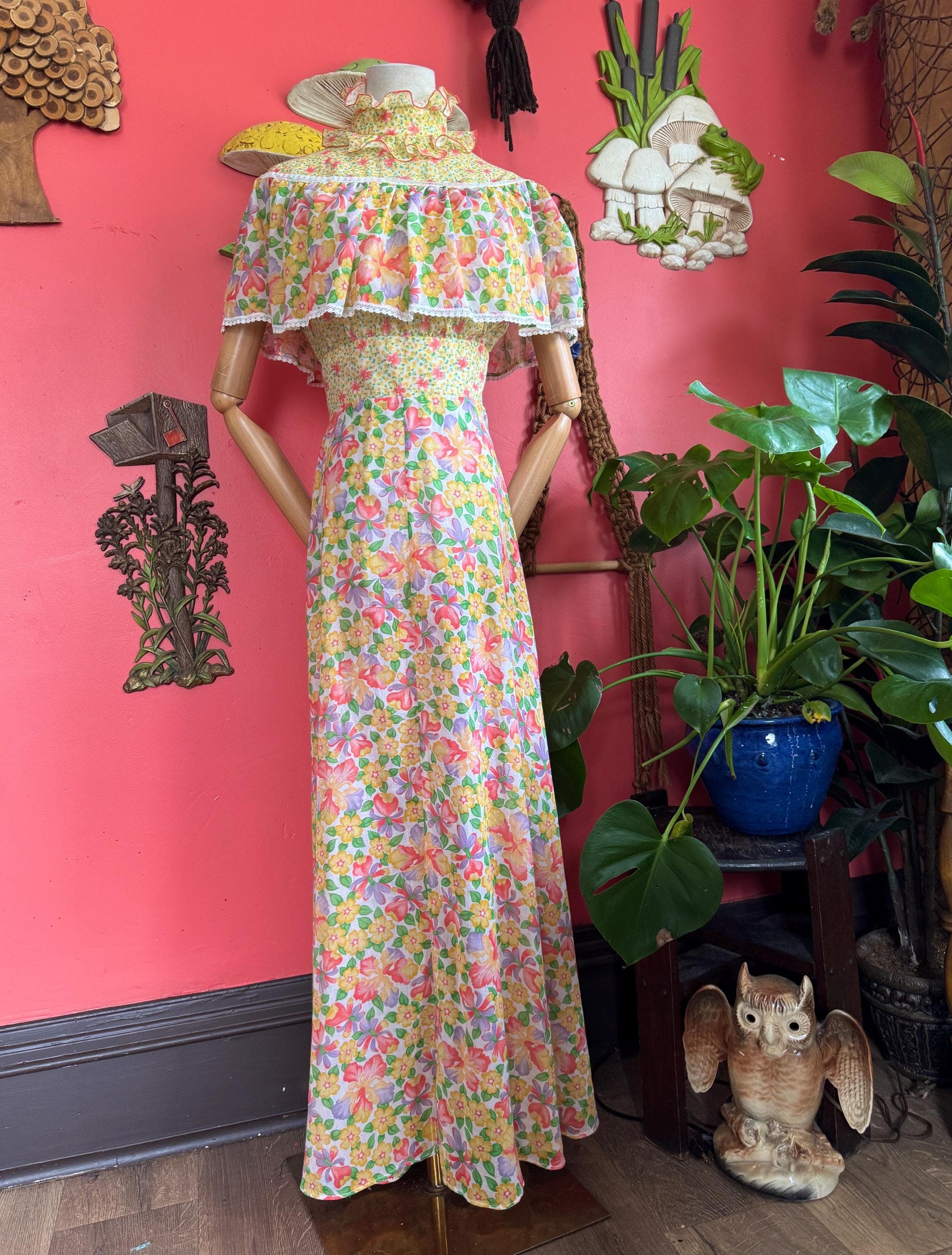 1970s Slightly sheer rainbow lily ruffled maxi dress, photo 1