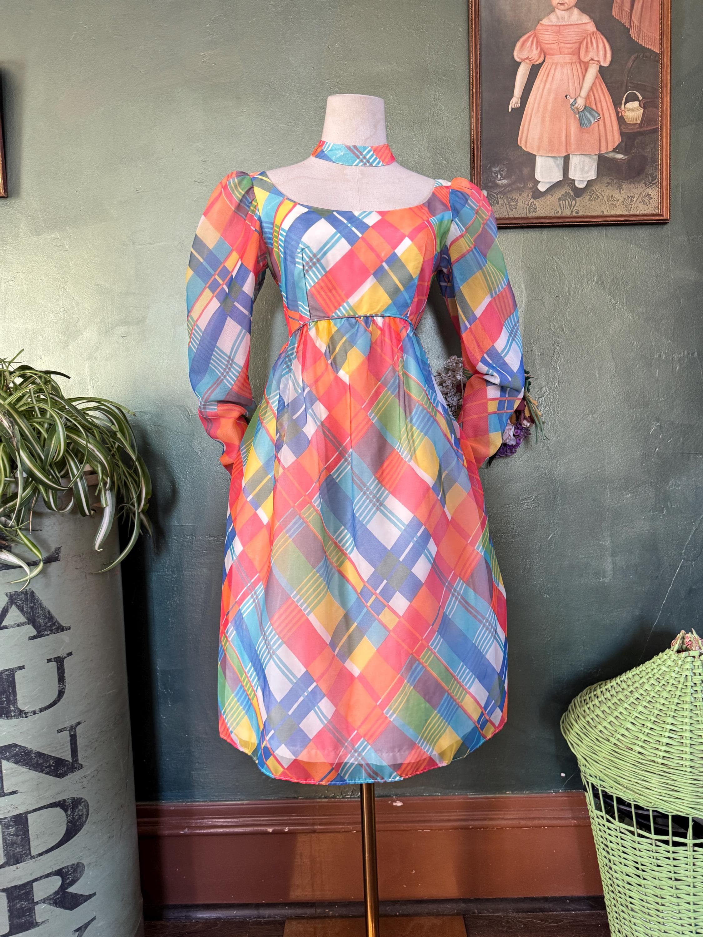 1960s  Rainbow Plaid Cutout Chiffon Dress, photo 1