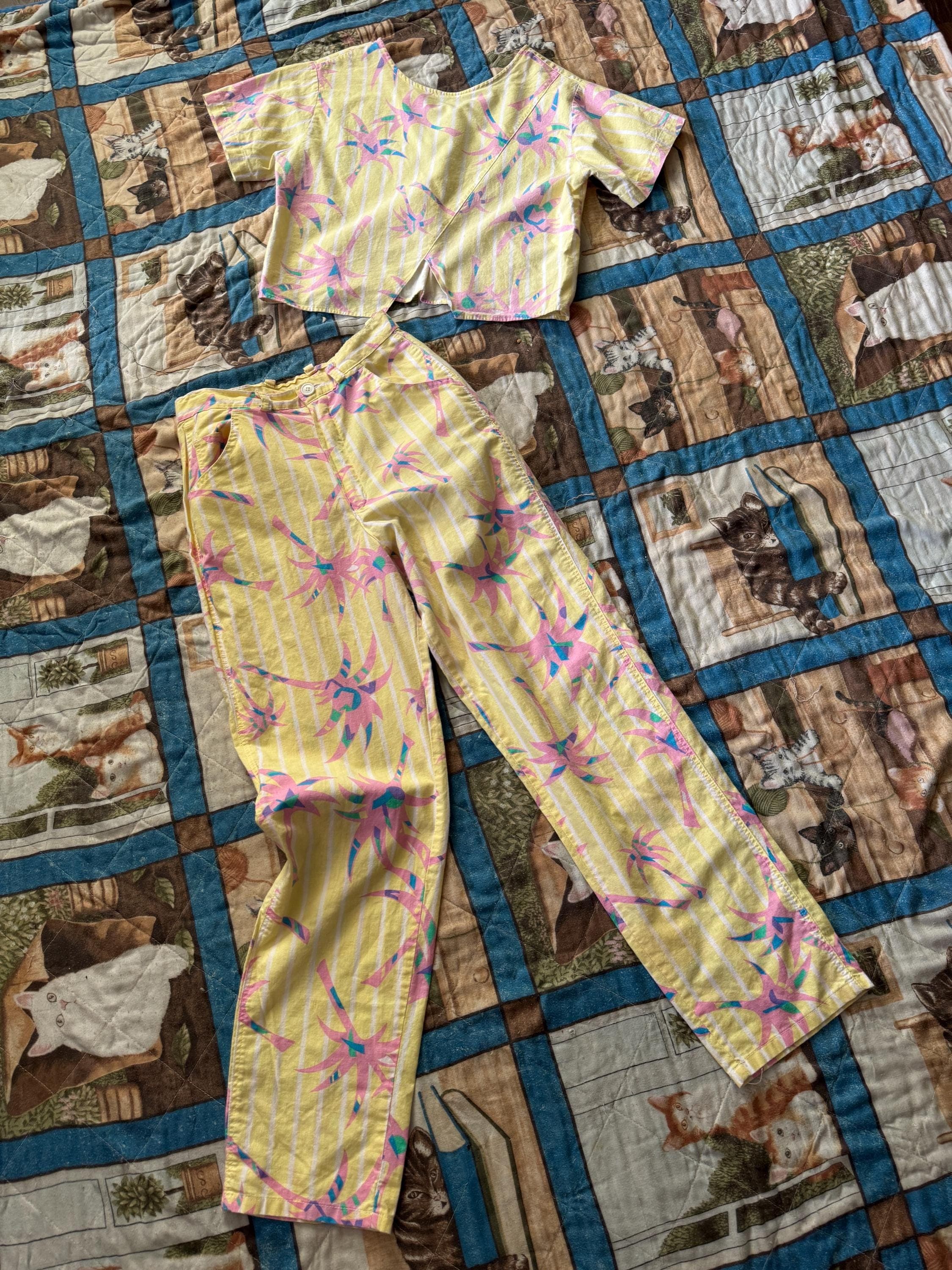 1980s  Early 90s Yellow Tropical Print New Wave Pantsuit