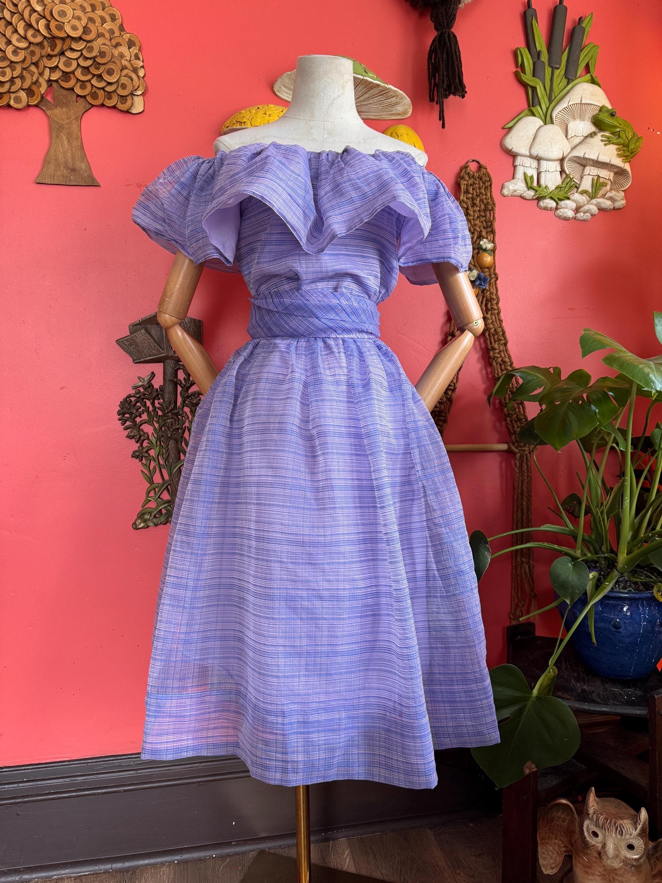 1970s Early 80s lavender striped ruffled fit and flare dress, photo 1