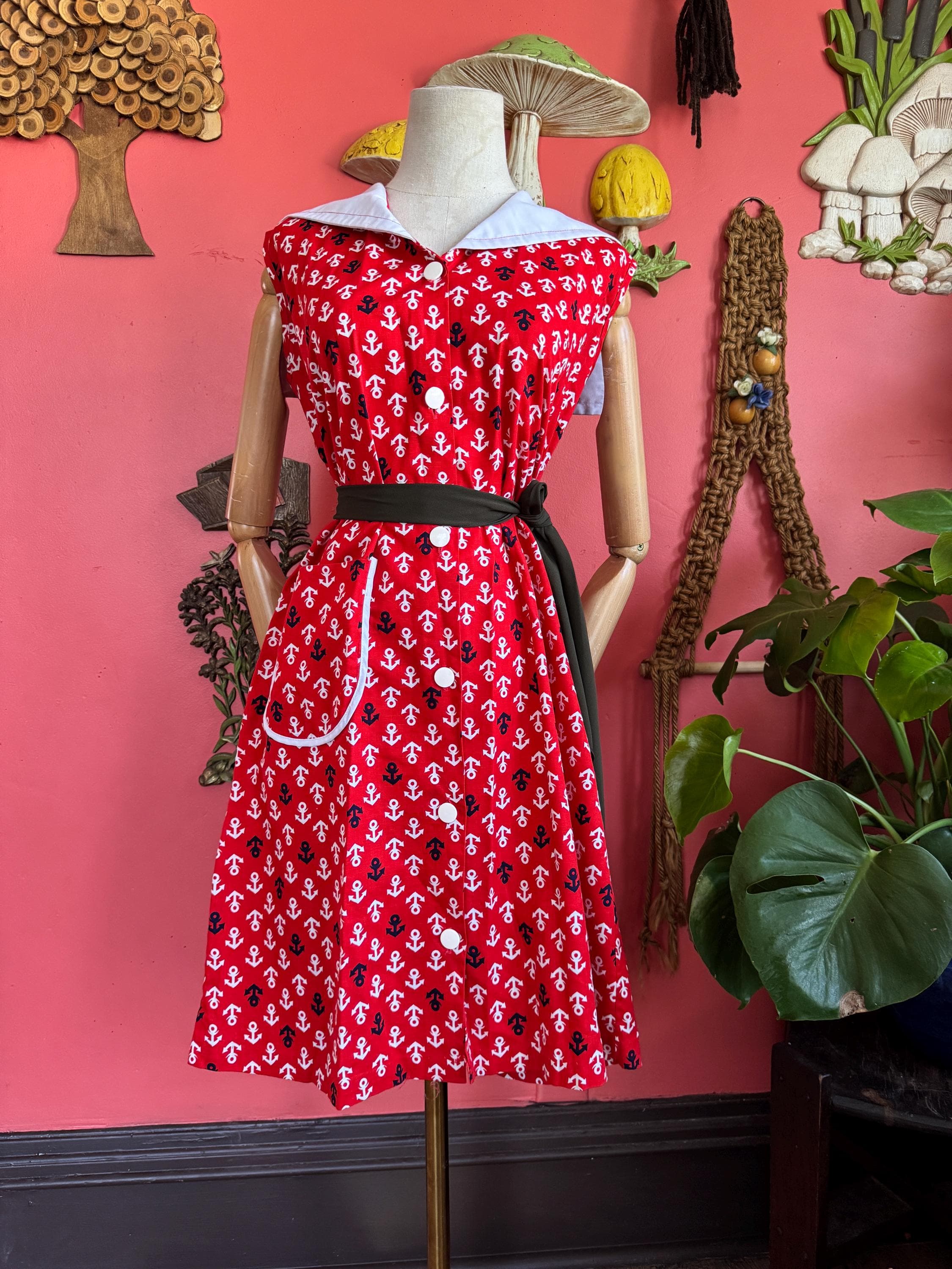 1960s red nautical anchor print shift dress, photo 1