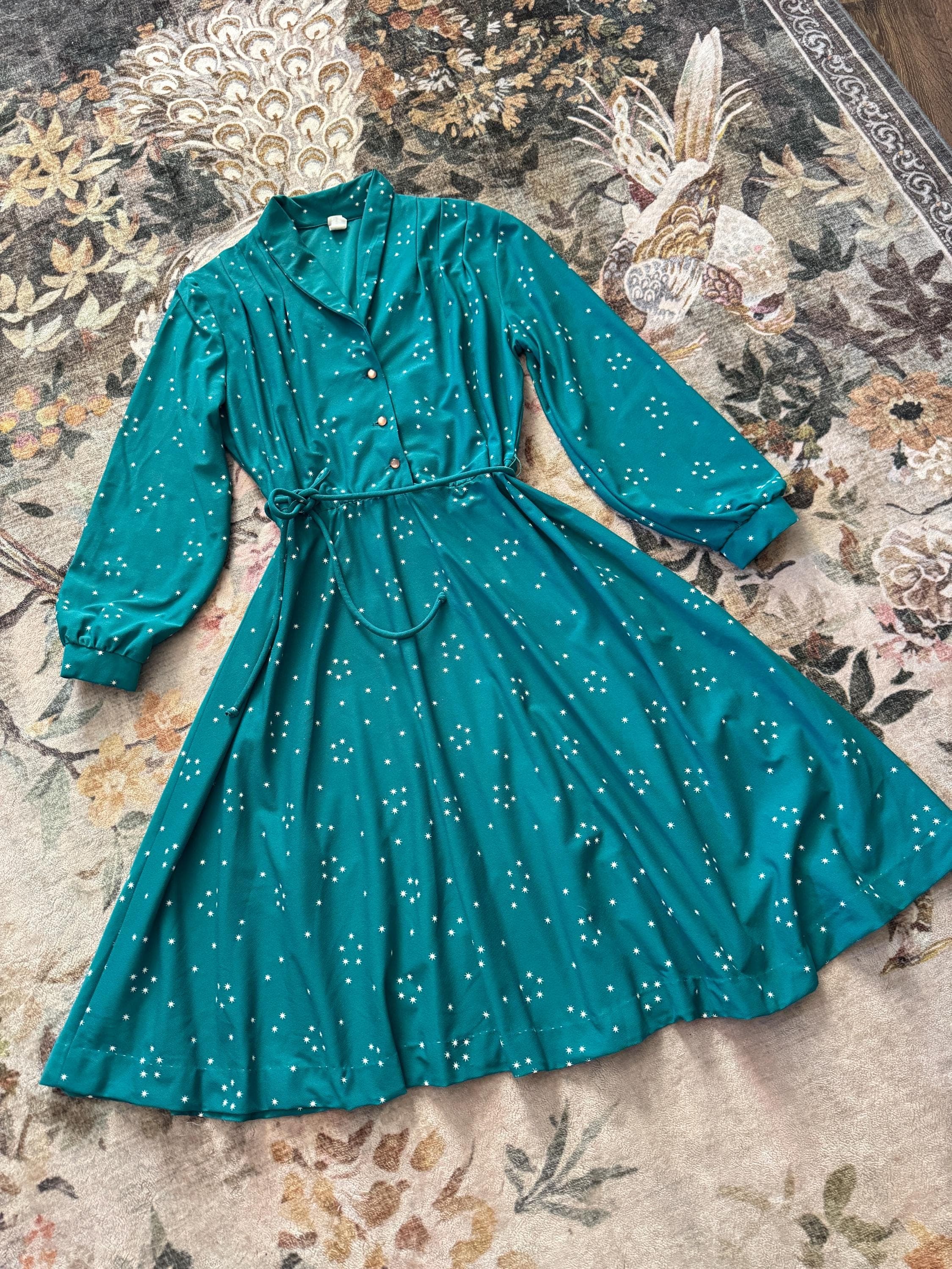 1980s  Teal Star Print Long Sleeve Fit & Flare Dress, photo 1