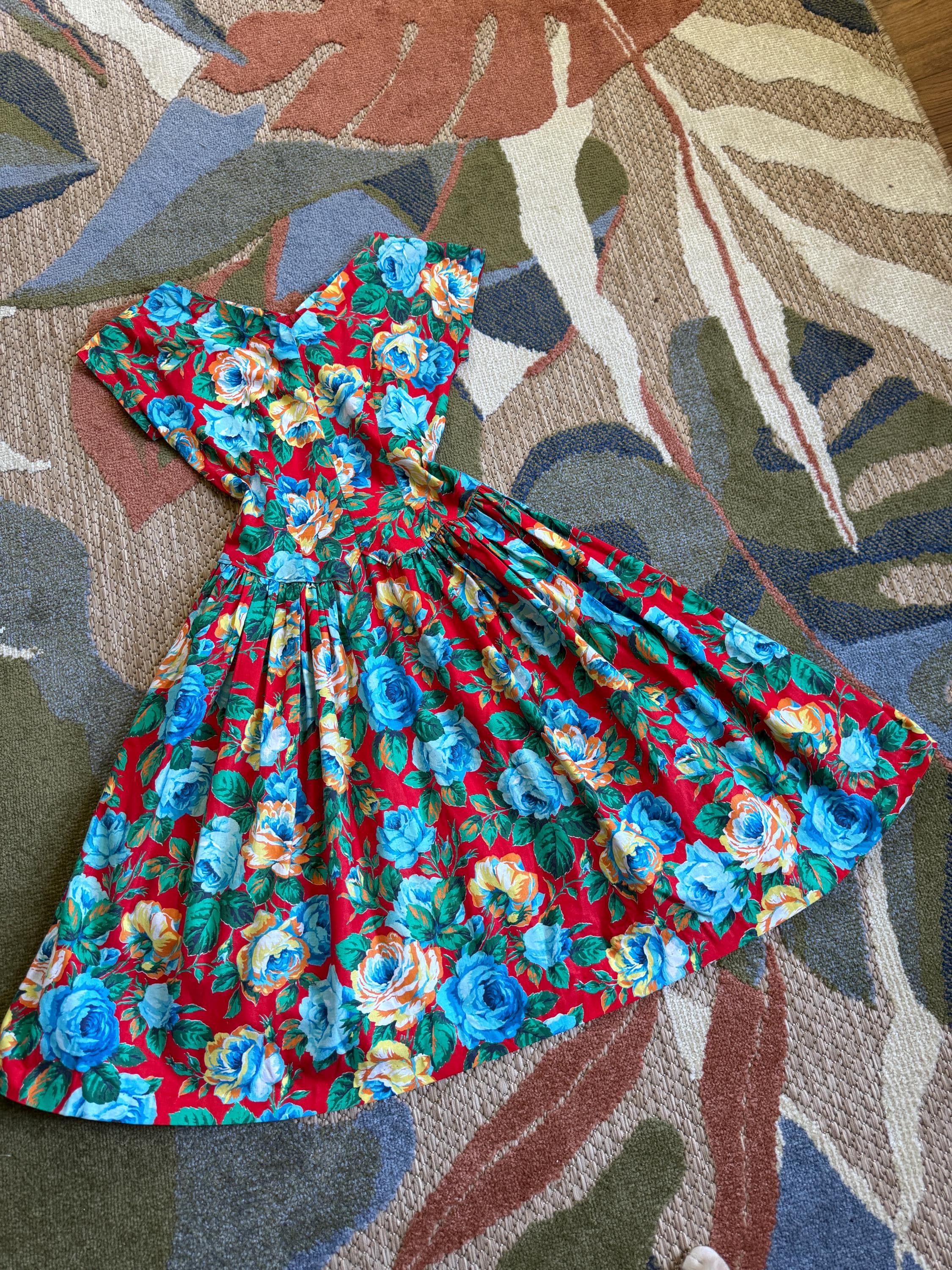 1980s Red and blue Rose Print Fit and Flare Dress, photo 1
