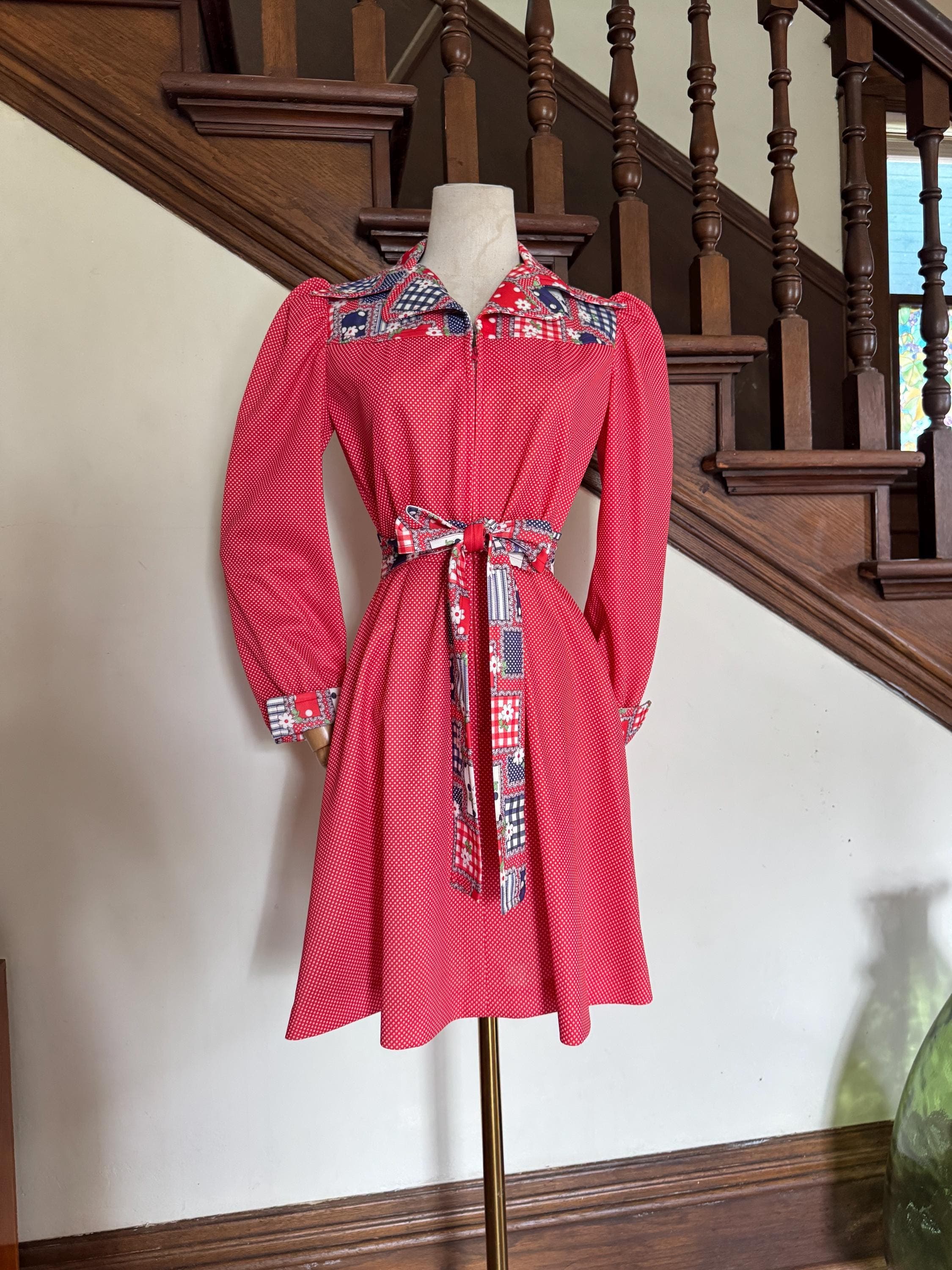 1960s red polkadot patchwork mini dress, photo 1