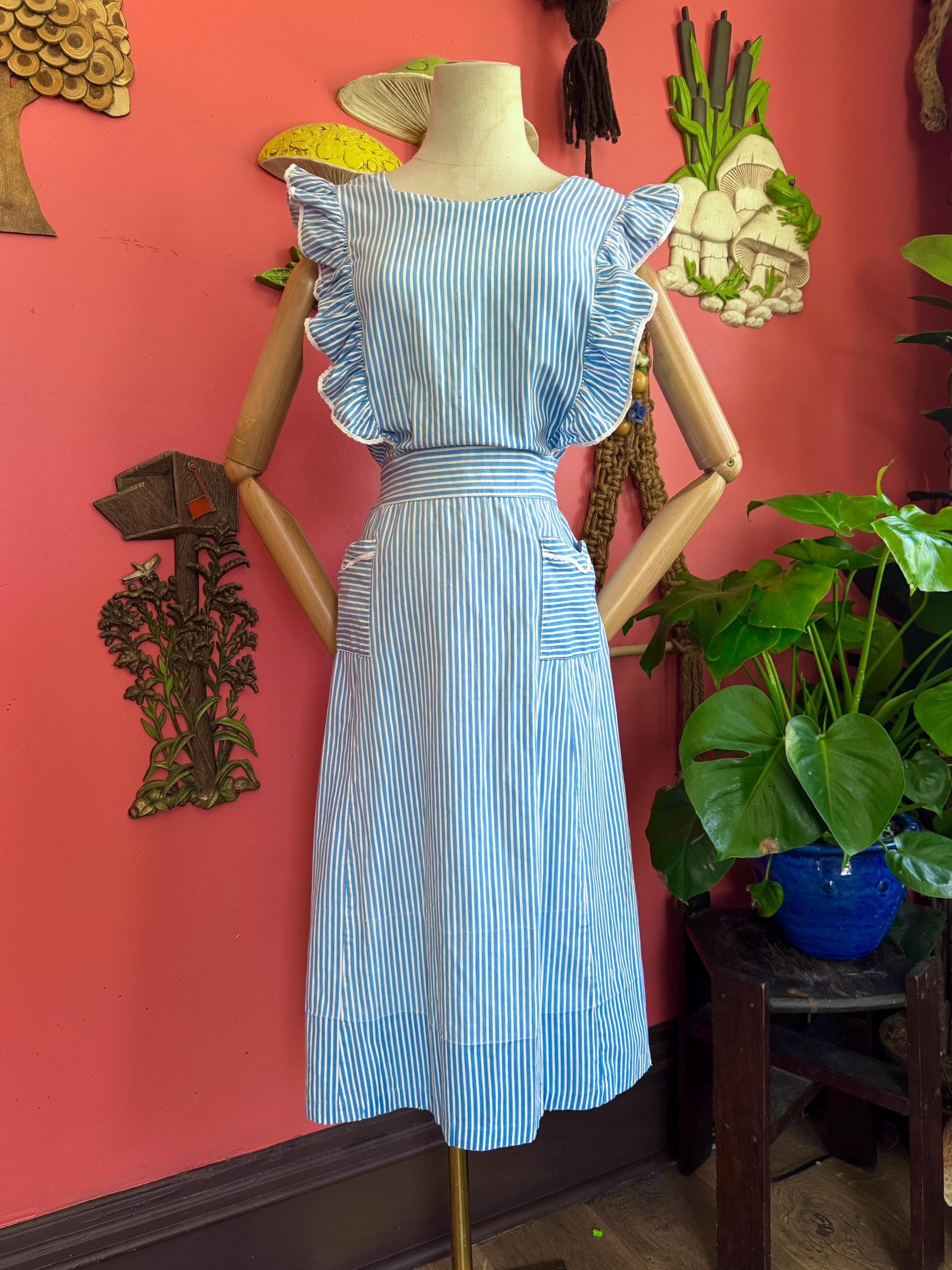1940s blue striped button back sundress