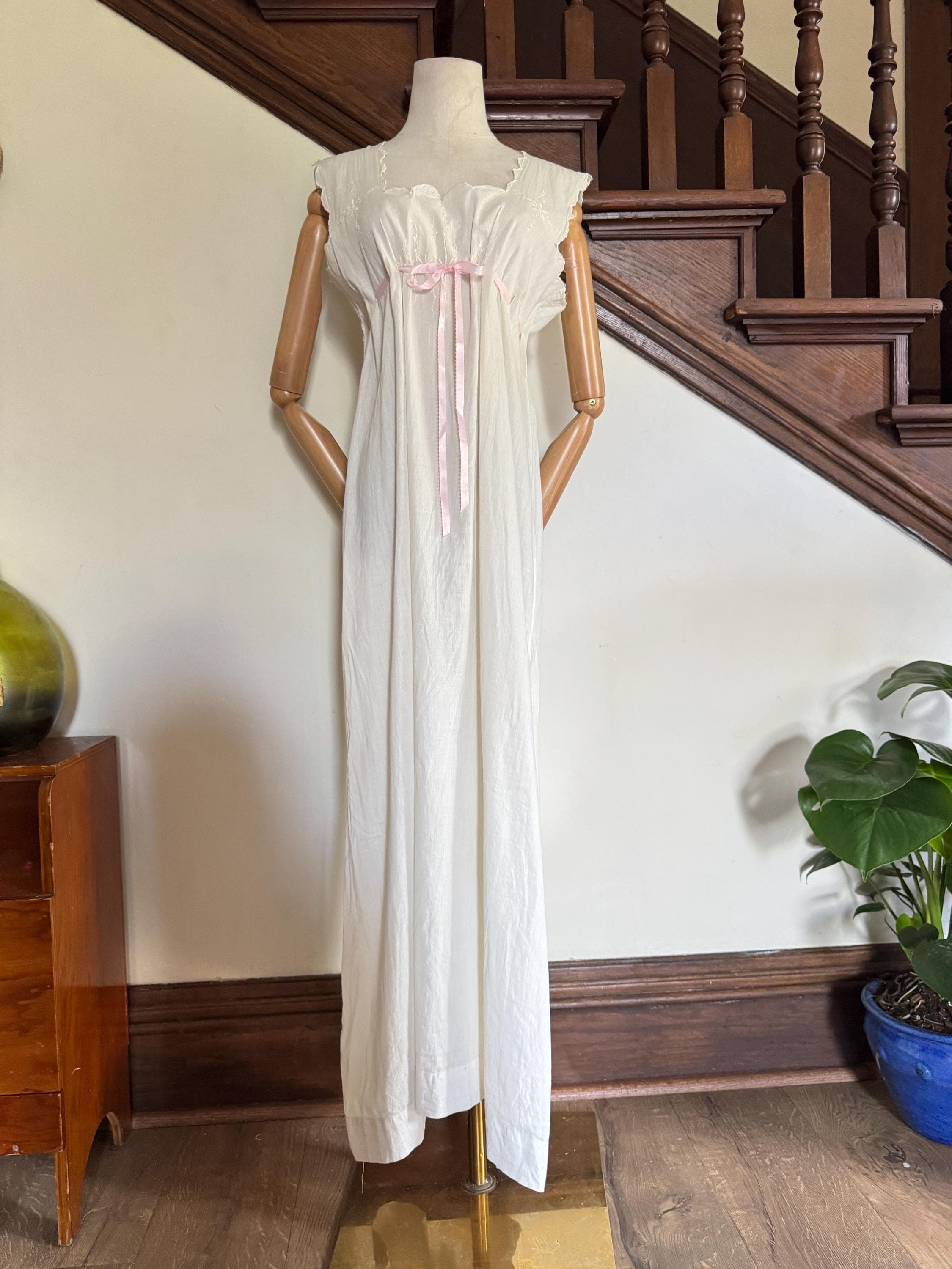 1900s White Embroidered White Cotton Slip Dress
