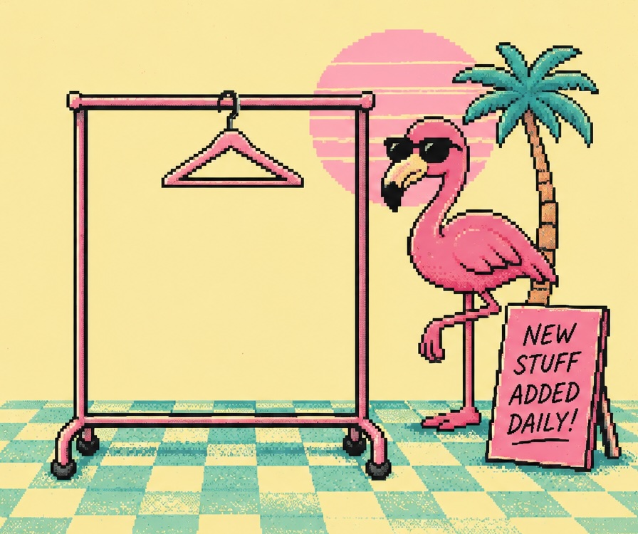 Empty pink clothing rack beside a pixel flamingo and a New Stuff Added Daily sign